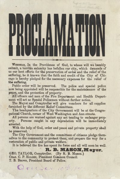 First Proclamation by Chicago Mayor Roswell B. Mason regarding the Chicago Fire, 1871 by American School